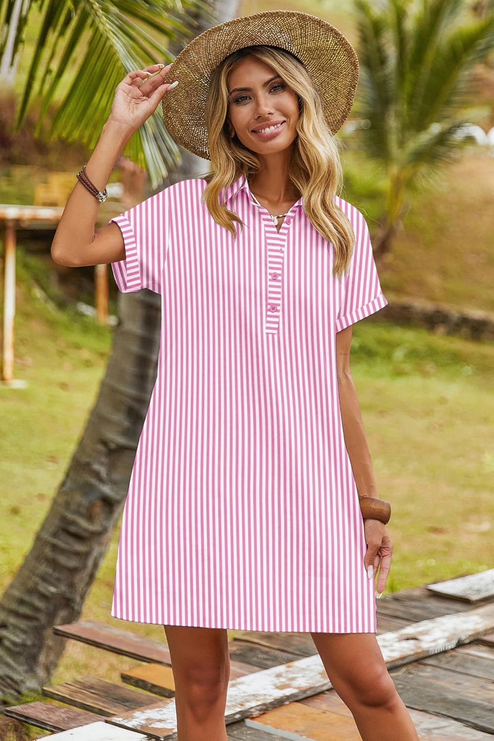 image:imageZeagoo Womens Cotton Shirt Dress Summer Casual Short Sleeve Button Down Beach Cover Up Shirts with PocketsPink White Stripe