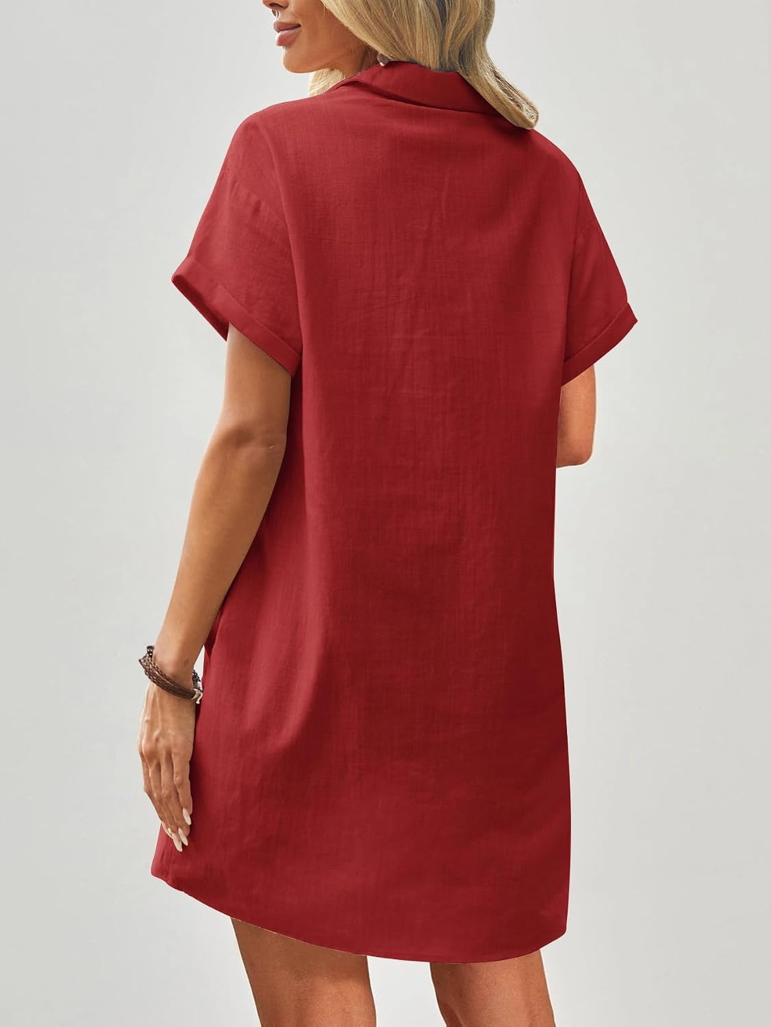 image:imageZeagoo Womens Cotton Shirt Dress Summer Casual Short Sleeve Button Down Beach Cover Up Shirts with PocketsRed