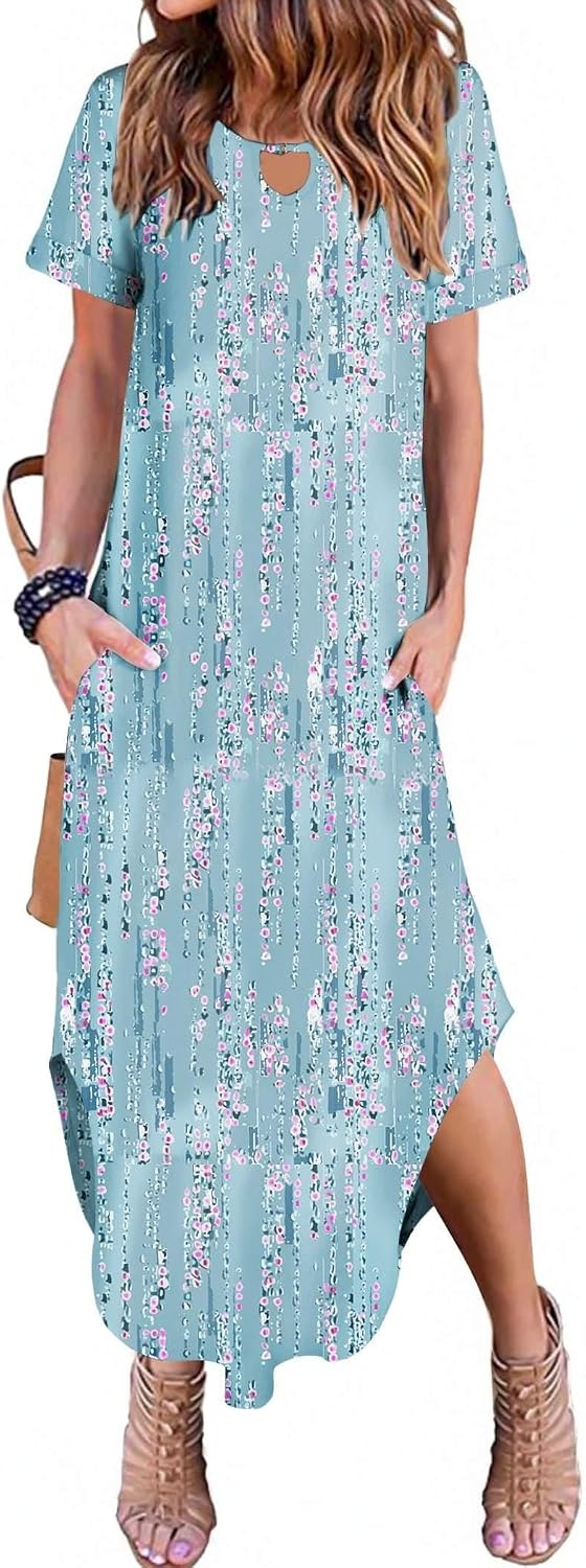 image:imageZeagoo Womens Maxi Summer Dress with Pockets Casual Short Sleeve Sundress Trendy 2026 Curve Hem Long Dress2601 Aprinted011