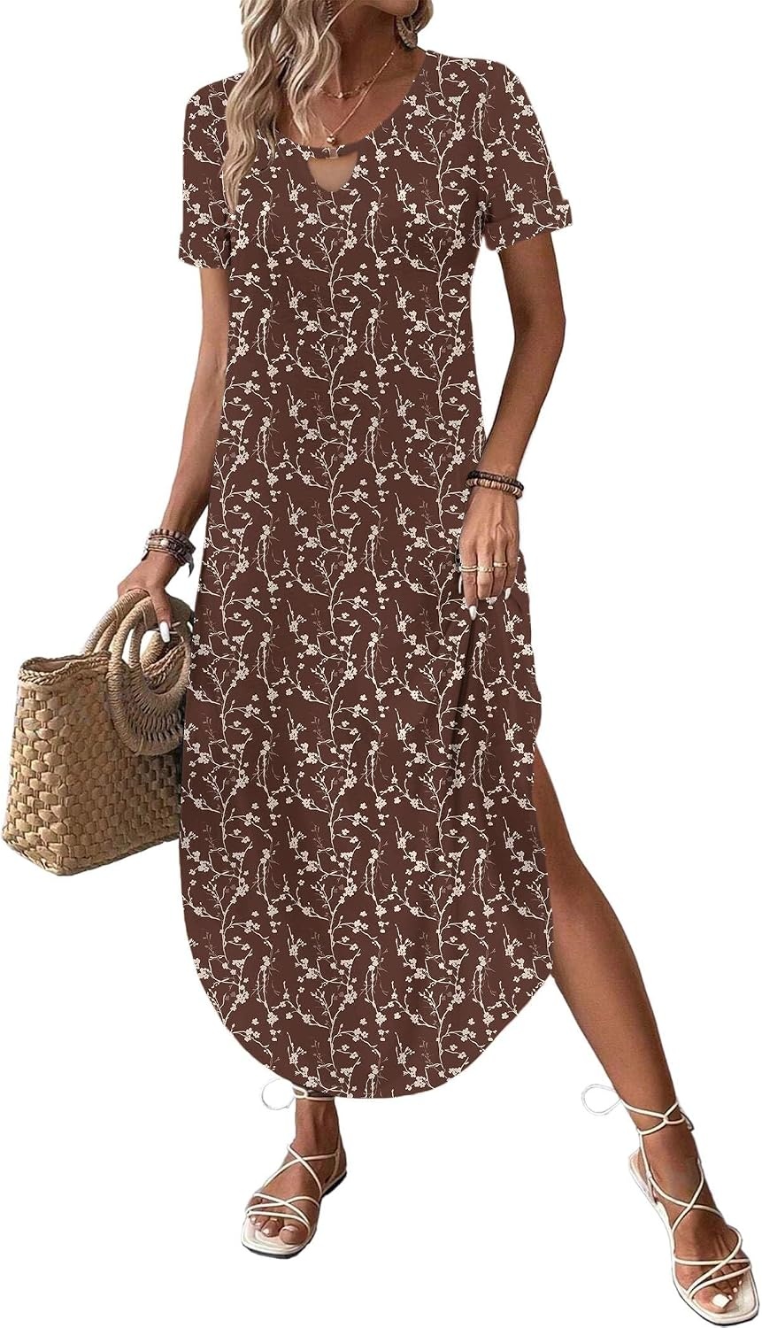 image:imageZeagoo Womens Maxi Summer Dress with Pockets Casual Short Sleeve Sundress Trendy 2026 Curve Hem Long Dress2601 Brown Floral
