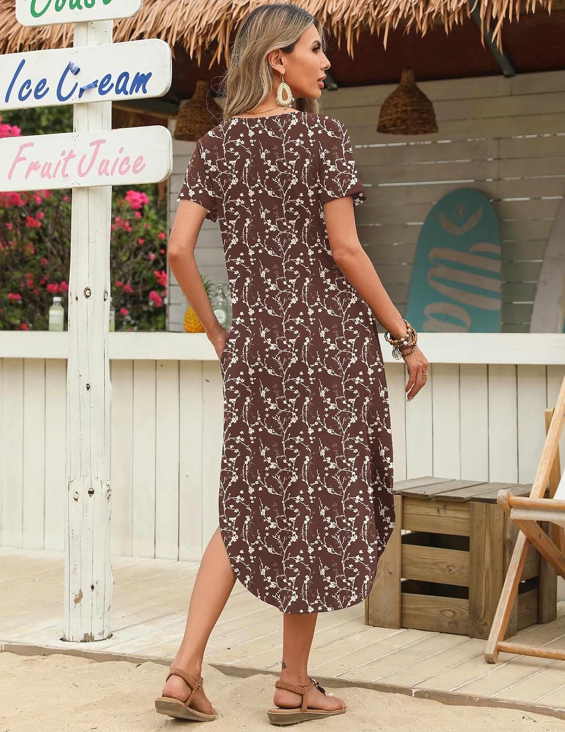 image:imageZeagoo Womens Maxi Summer Dress with Pockets Casual Short Sleeve Sundress Trendy 2026 Curve Hem Long Dress2601 Brown Floral
