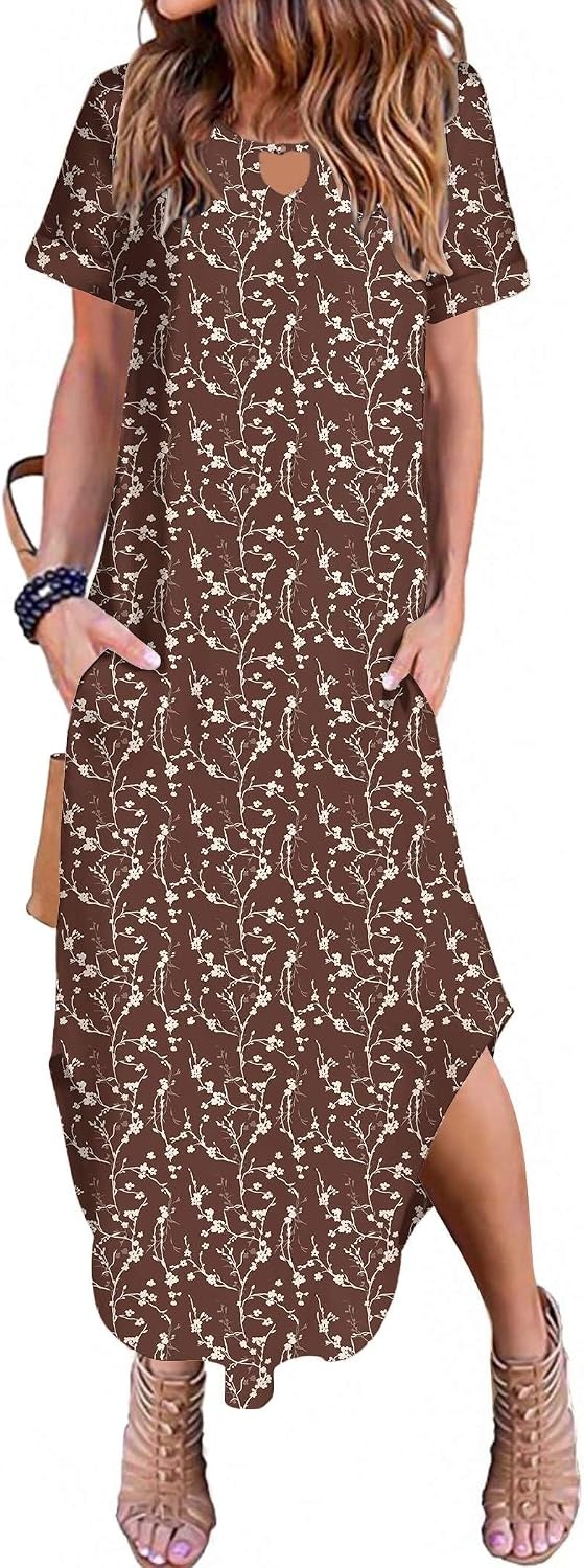 image:imageZeagoo Womens Maxi Summer Dress with Pockets Casual Short Sleeve Sundress Trendy 2026 Curve Hem Long Dress2601 Brown Floral