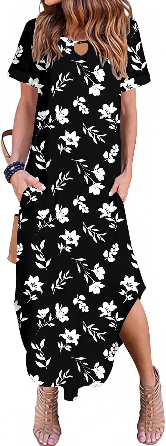 image:imageZeagoo Womens Maxi Summer Dress with Pockets Casual Short Sleeve Sundress Trendy 2026 Curve Hem Long Dress2602 Black Floral