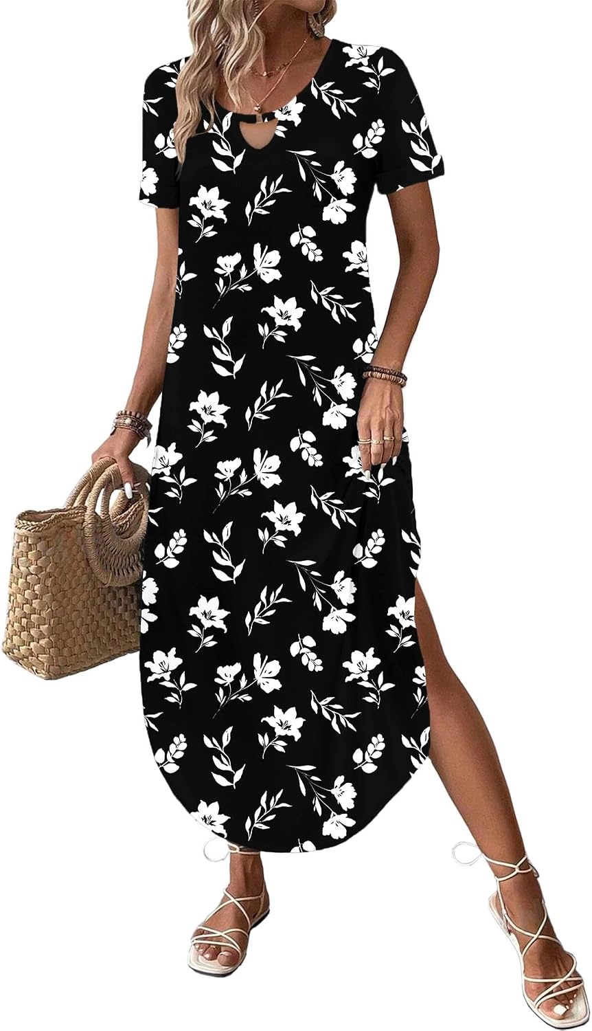 image:imageZeagoo Womens Maxi Summer Dress with Pockets Casual Short Sleeve Sundress Trendy 2026 Curve Hem Long Dress2602 Black Floral
