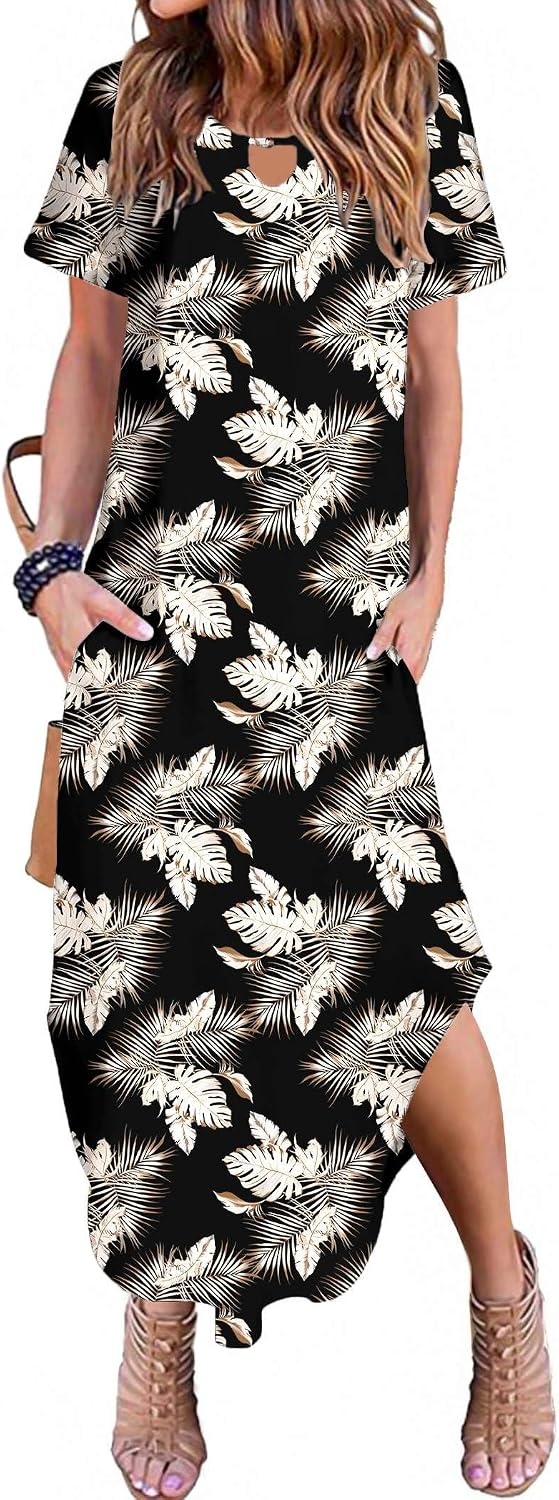 image:imageZeagoo Womens Maxi Summer Dress with Pockets Casual Short Sleeve Sundress Trendy 2026 Curve Hem Long Dress2602 Boho Leaf