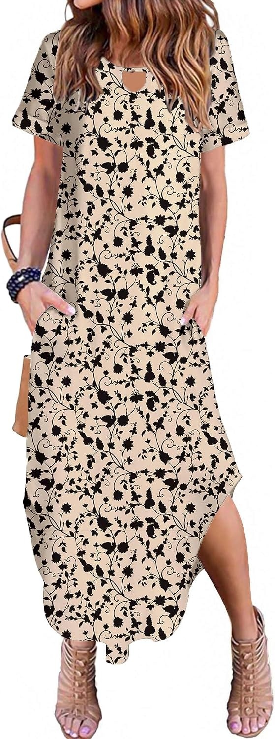 image:imageZeagoo Womens Maxi Summer Dress with Pockets Casual Short Sleeve Sundress Trendy 2026 Curve Hem Long Dress2602 Brown Flower