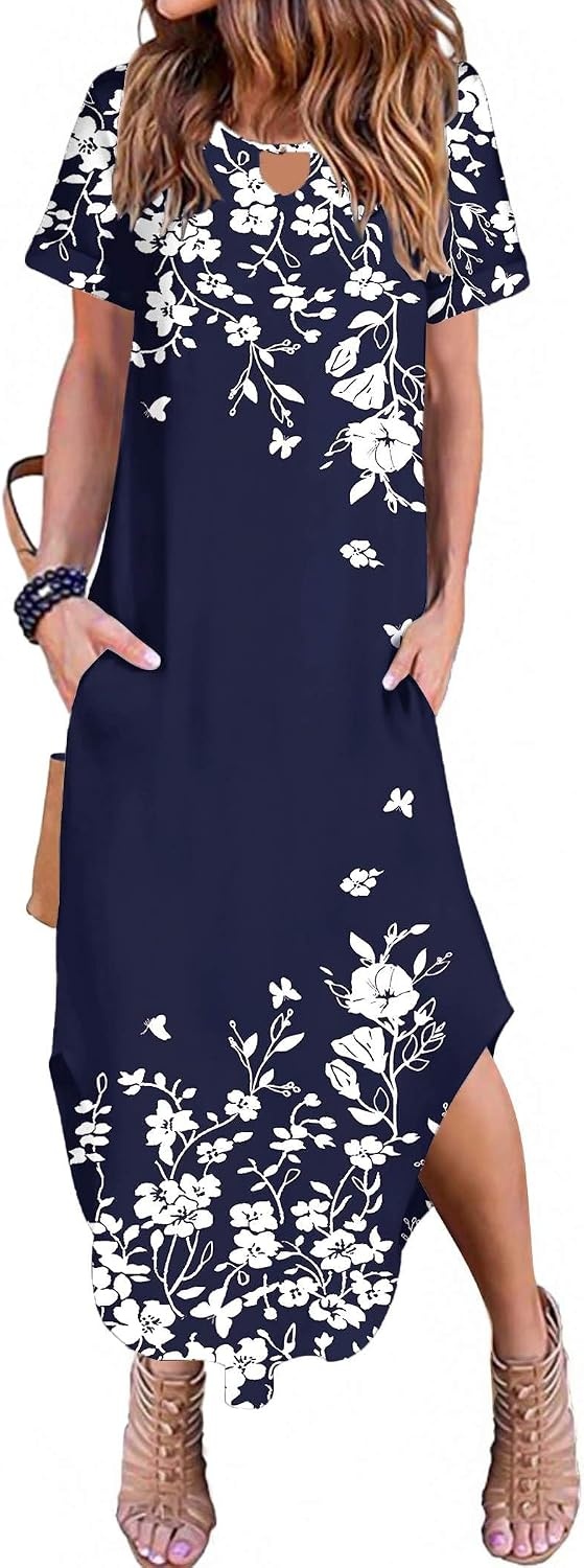 image:imageZeagoo Womens Maxi Summer Dress with Pockets Casual Short Sleeve Sundress Trendy 2026 Curve Hem Long Dress2602 Navy Floral