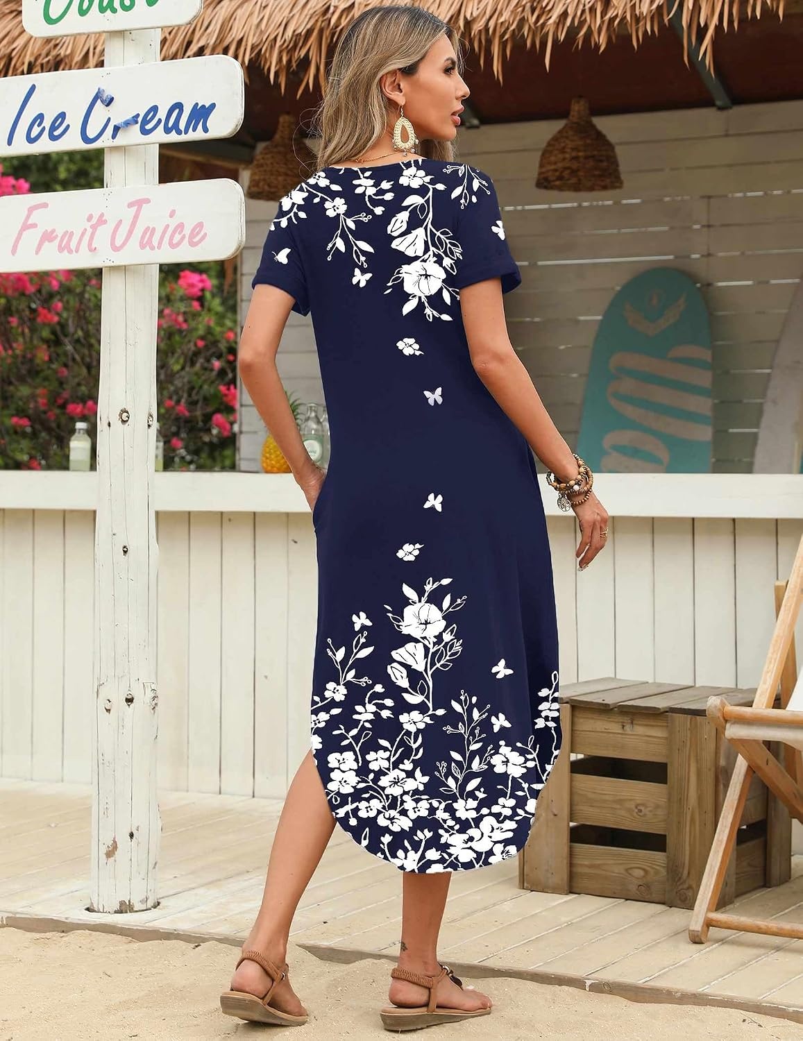 image:imageZeagoo Womens Maxi Summer Dress with Pockets Casual Short Sleeve Sundress Trendy 2026 Curve Hem Long Dress2602 Navy Floral