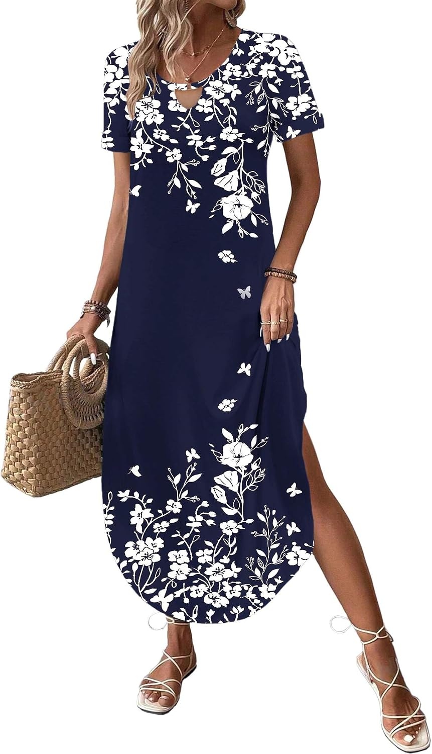 image:imageZeagoo Womens Maxi Summer Dress with Pockets Casual Short Sleeve Sundress Trendy 2026 Curve Hem Long Dress2602 Navy Floral