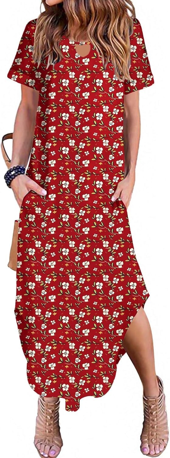 image:imageZeagoo Womens Maxi Summer Dress with Pockets Casual Short Sleeve Sundress Trendy 2026 Curve Hem Long Dress2602 Red Floral