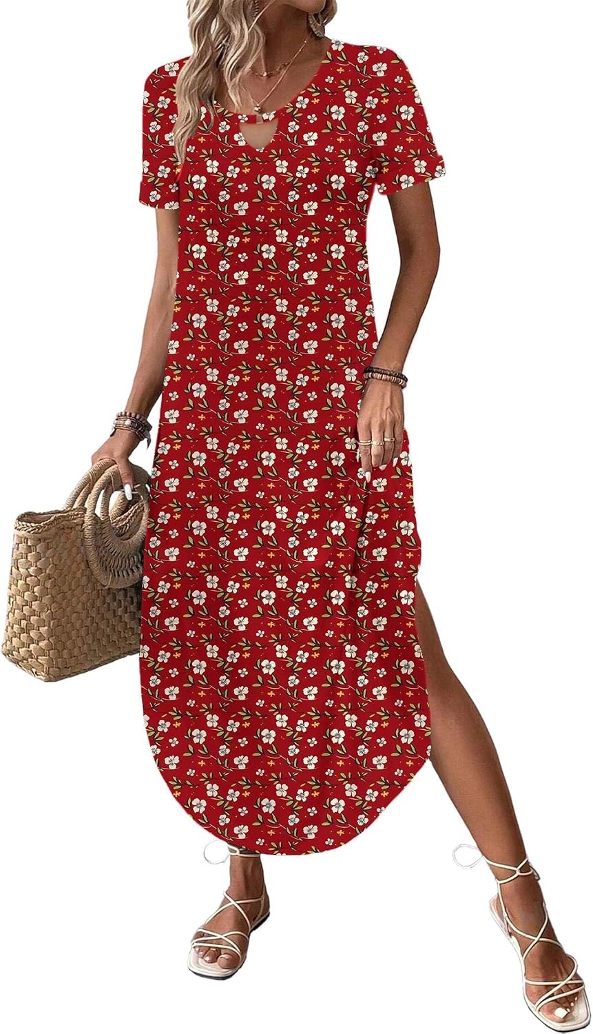 image:imageZeagoo Womens Maxi Summer Dress with Pockets Casual Short Sleeve Sundress Trendy 2026 Curve Hem Long Dress2602 Red Floral