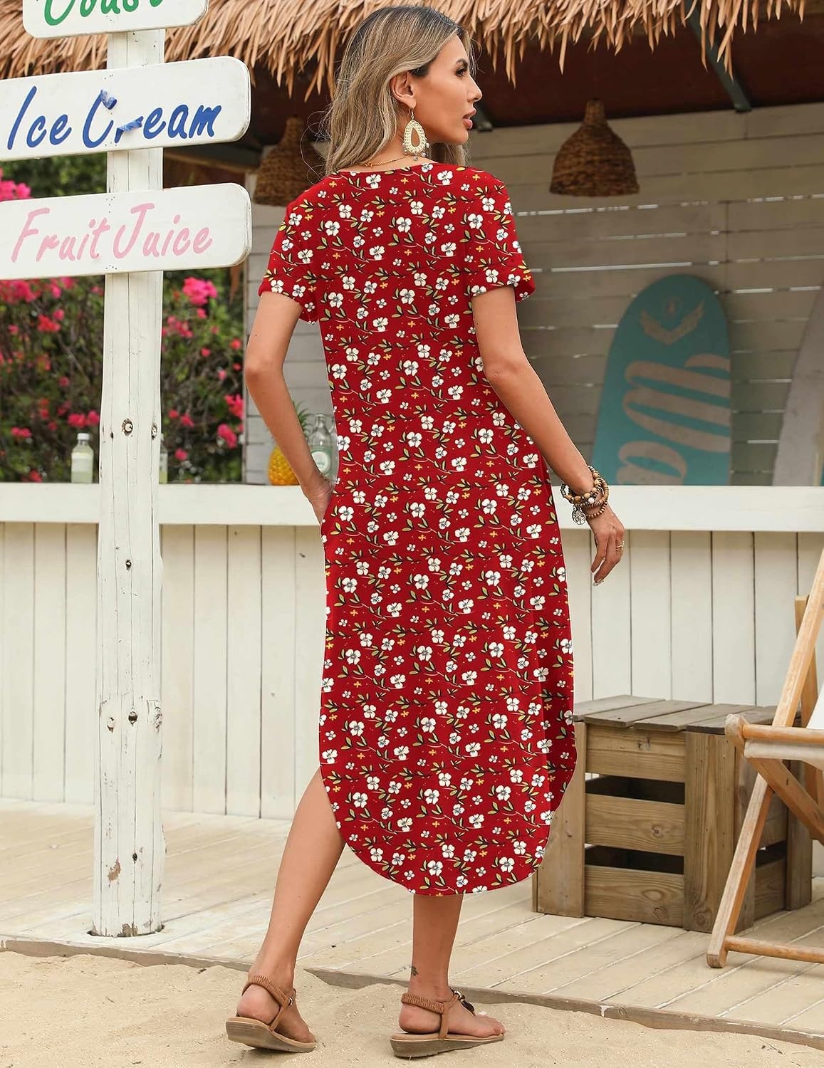 image:imageZeagoo Womens Maxi Summer Dress with Pockets Casual Short Sleeve Sundress Trendy 2026 Curve Hem Long Dress2602 Red Floral