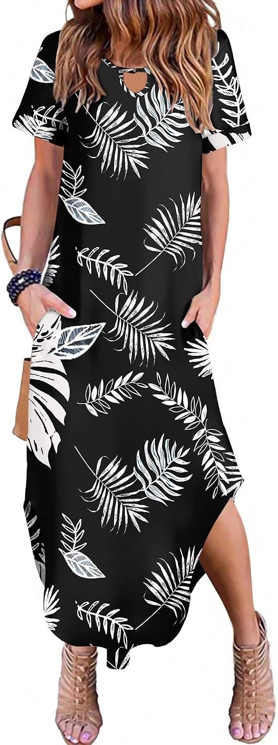 image:imageZeagoo Womens Maxi Summer Dress with Pockets Casual Short Sleeve Sundress Trendy 2026 Curve Hem Long DressBlackleafprinted