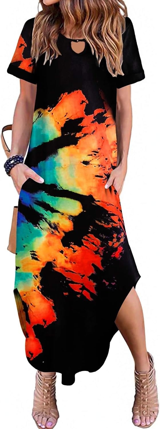 image:imageZeagoo Womens Maxi Summer Dress with Pockets Casual Short Sleeve Sundress Trendy 2026 Curve Hem Long DressBlackprinted01