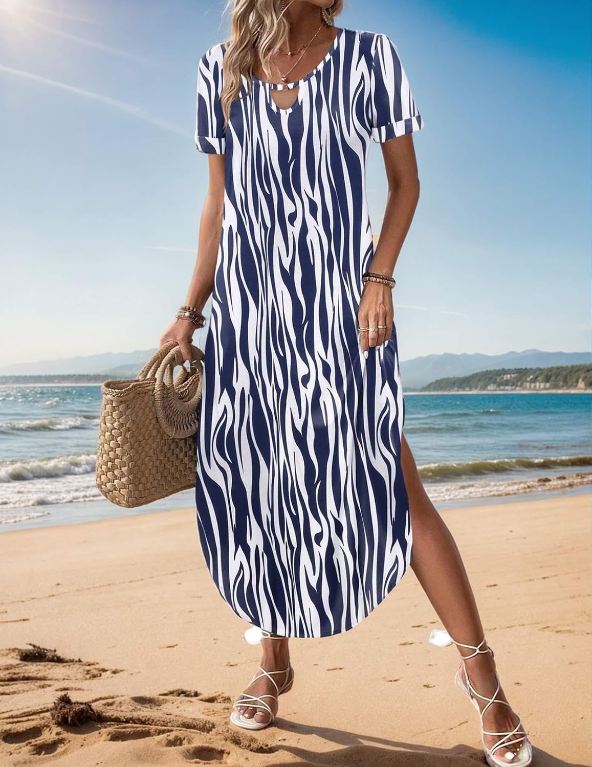 image:imageZeagoo Womens Maxi Summer Dress with Pockets Casual Short Sleeve Sundress Trendy 2026 Curve Hem Long DressBlue Printed01