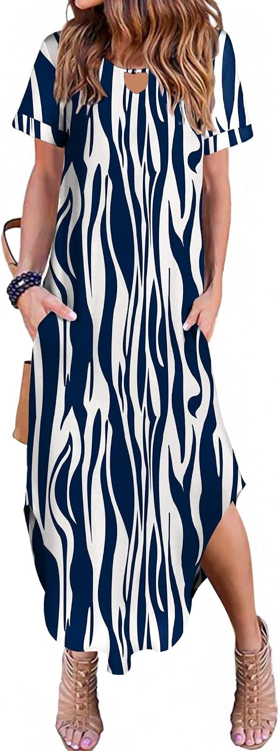 image:imageZeagoo Womens Maxi Summer Dress with Pockets Casual Short Sleeve Sundress Trendy 2026 Curve Hem Long DressBlue Printed01
