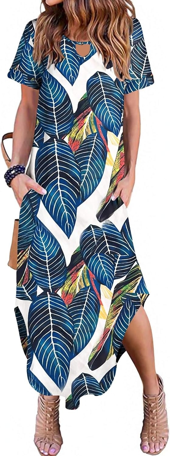 image:imageZeagoo Womens Maxi Summer Dress with Pockets Casual Short Sleeve Sundress Trendy 2026 Curve Hem Long DressLeafprinted01
