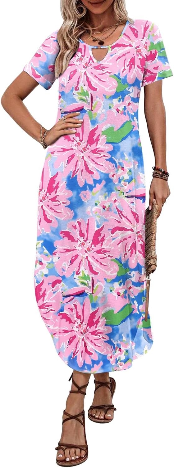 image:imageZeagoo Womens Maxi Summer Dress with Pockets Casual Short Sleeve Sundress Trendy 2026 Curve Hem Long DressPink Floral02