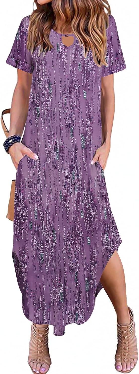 image:imageZeagoo Womens Maxi Summer Dress with Pockets Casual Short Sleeve Sundress Trendy 2026 Curve Hem Long DressPrinted022