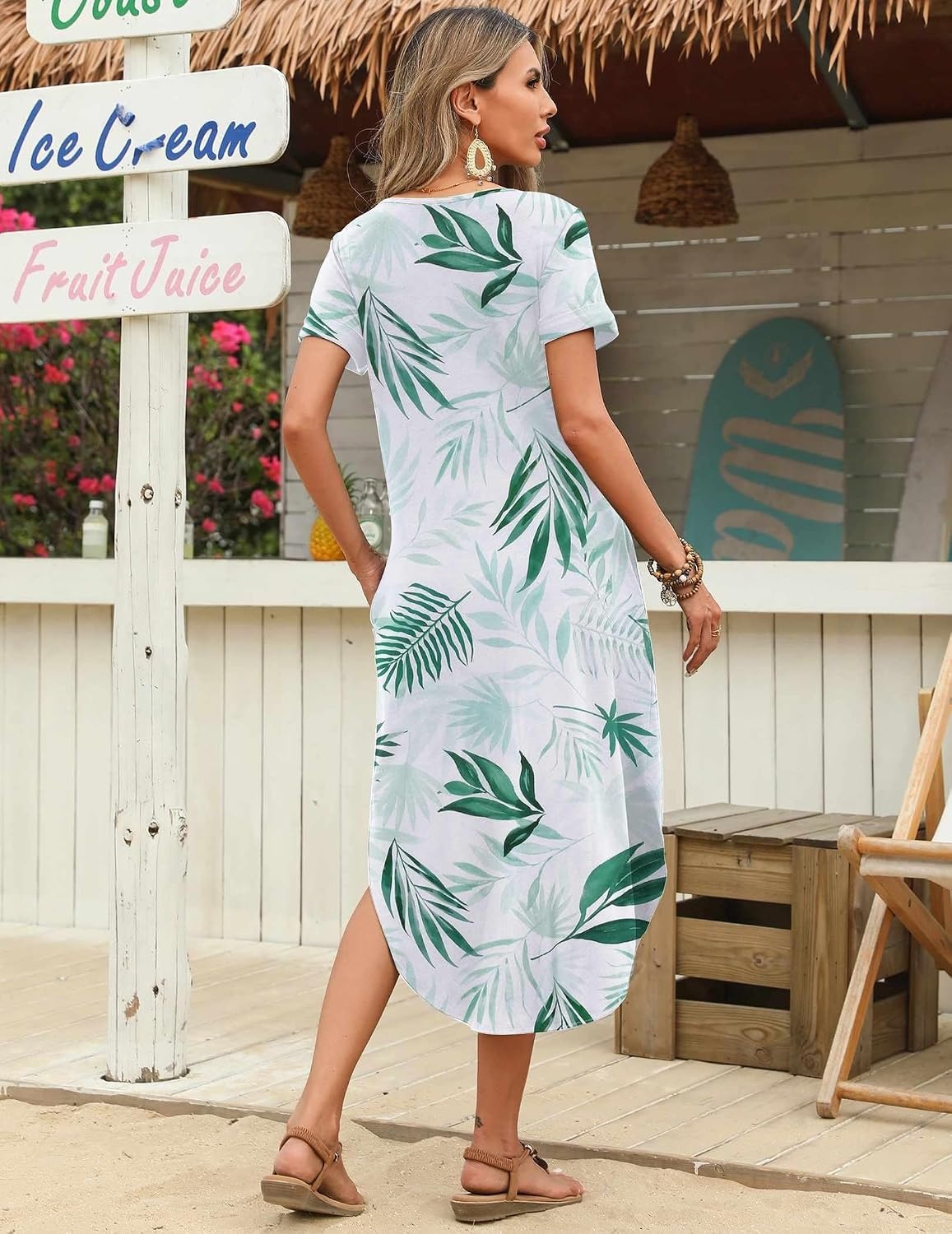 image:imageZeagoo Womens Maxi Summer Dress with Pockets Casual Short Sleeve Sundress Trendy 2026 Curve Hem Long DressWhiteleafprinted