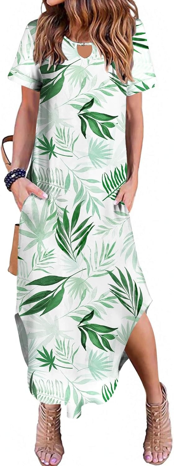 image:imageZeagoo Womens Maxi Summer Dress with Pockets Casual Short Sleeve Sundress Trendy 2026 Curve Hem Long DressWhiteleafprinted