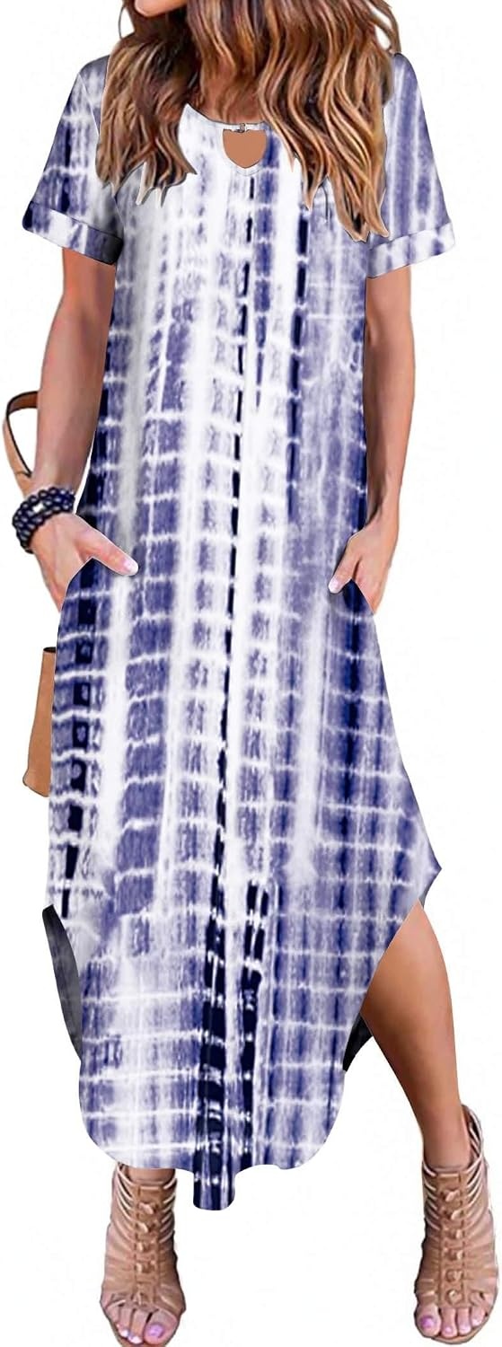 image:imageZeagoo Womens Maxi Summer Dress with Pockets Casual Short Sleeve Sundress Trendy 2026 Curve Hem Long DressWhiteprinted