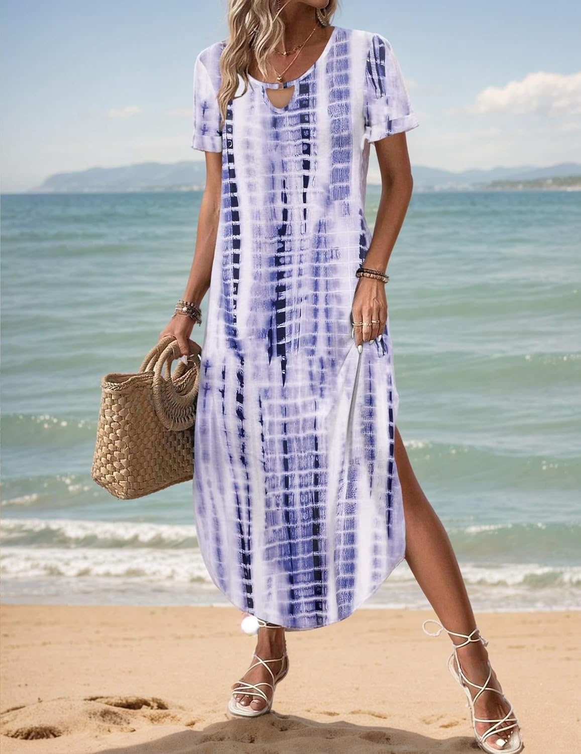image:imageZeagoo Womens Maxi Summer Dress with Pockets Casual Short Sleeve Sundress Trendy 2026 Curve Hem Long DressWhiteprinted