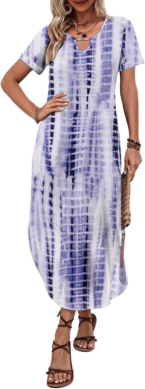 image:imageZeagoo Womens Maxi Summer Dress with Pockets Casual Short Sleeve Sundress Trendy 2026 Curve Hem Long DressWhiteprinted