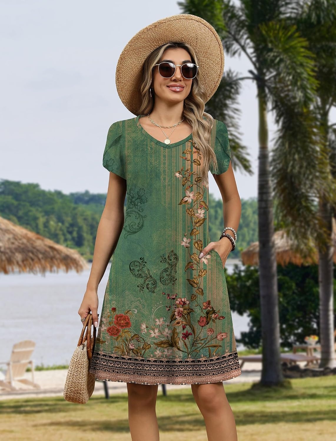 image:imageZeagoo Womens Summer ALine Dress with Pockets Mini Short Sleeve Dresses Flowy Beach Swing Dress 2026 Vacation TravelA01pa171