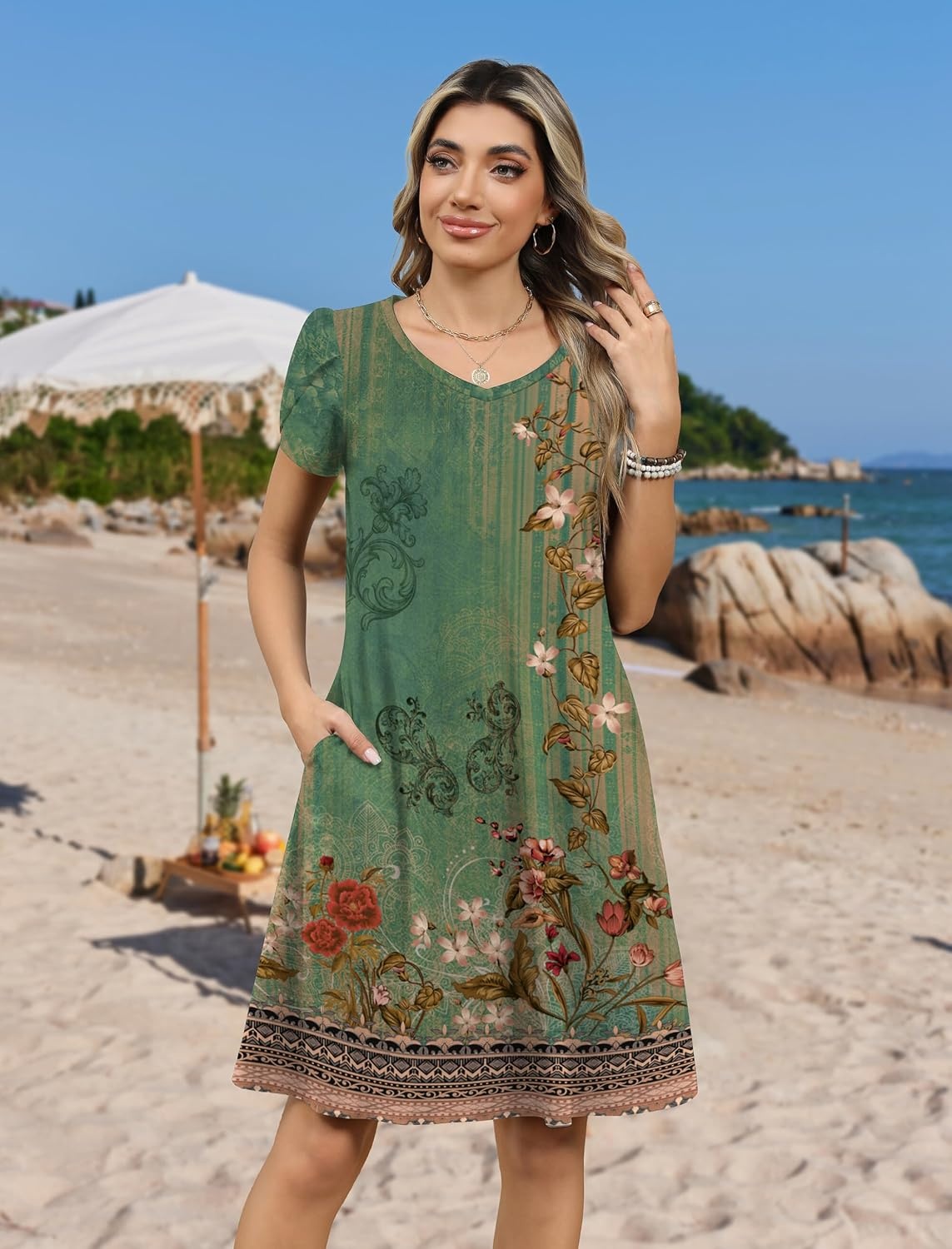 image:imageZeagoo Womens Summer ALine Dress with Pockets Mini Short Sleeve Dresses Flowy Beach Swing Dress 2026 Vacation TravelA01pa171