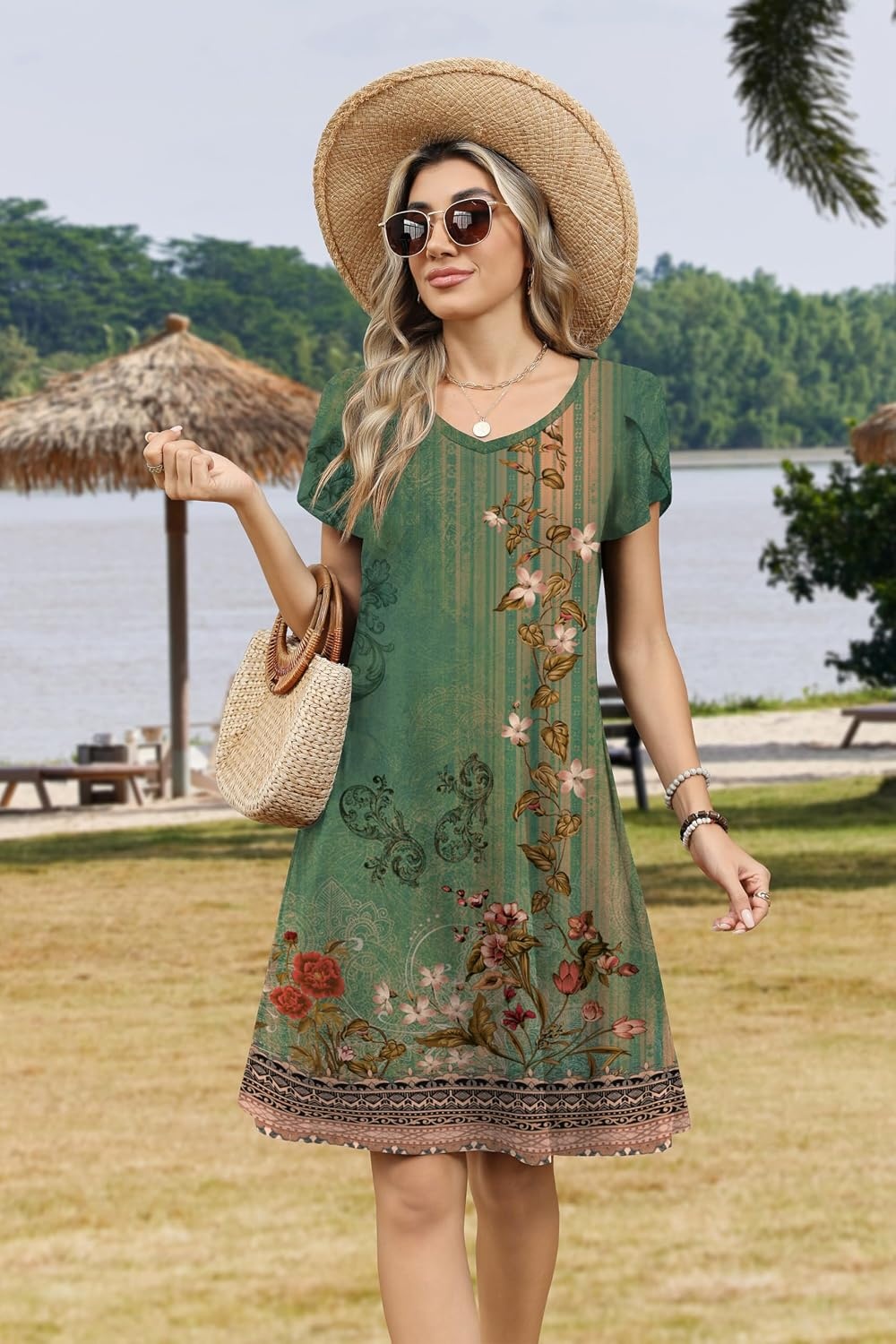 image:imageZeagoo Womens Summer ALine Dress with Pockets Mini Short Sleeve Dresses Flowy Beach Swing Dress 2026 Vacation TravelA01pa171