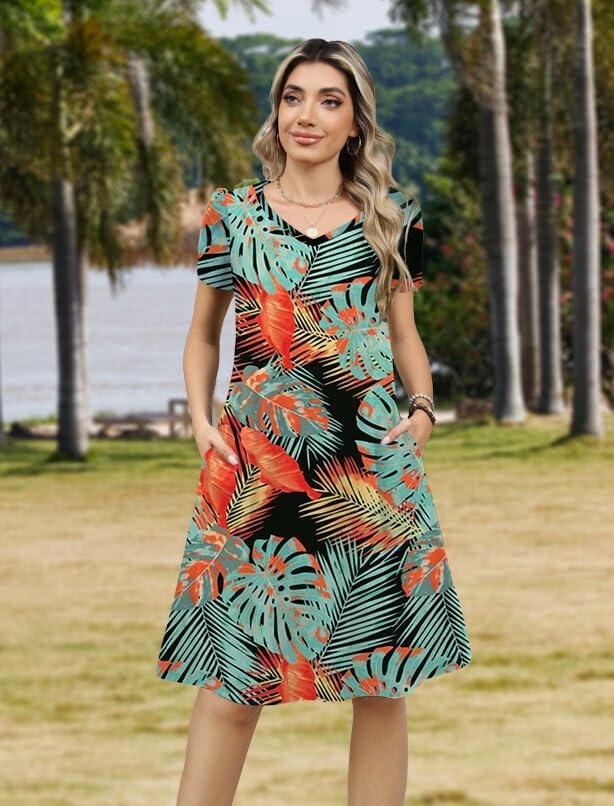 image:imageZeagoo Womens Summer ALine Dress with Pockets Mini Short Sleeve Dresses Flowy Beach Swing Dress 2026 Vacation TravelA03pa116