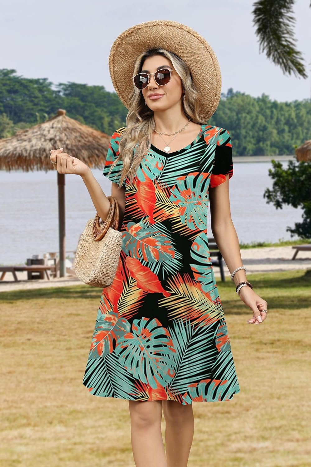 image:imageZeagoo Womens Summer ALine Dress with Pockets Mini Short Sleeve Dresses Flowy Beach Swing Dress 2026 Vacation TravelA03pa116