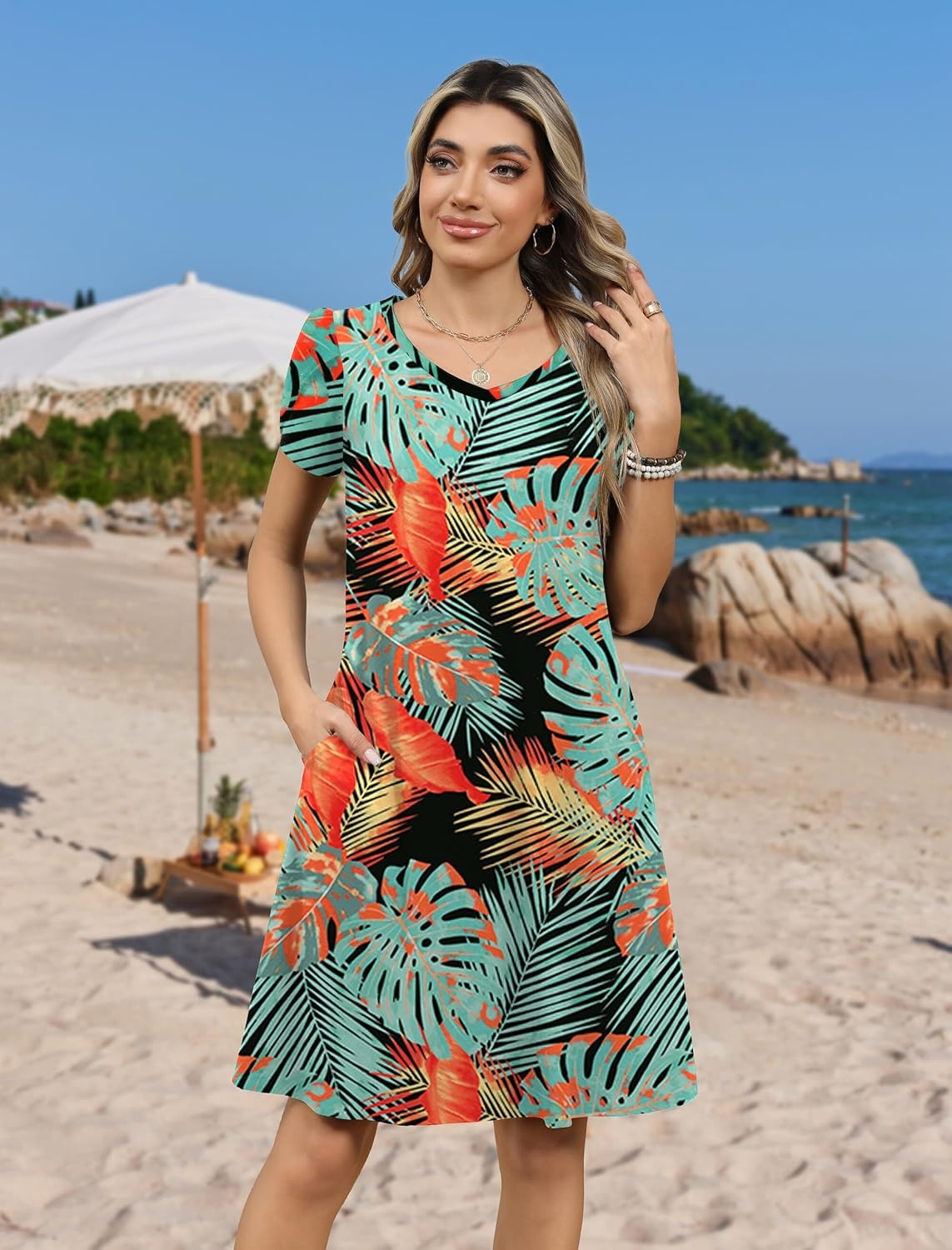 image:imageZeagoo Womens Summer ALine Dress with Pockets Mini Short Sleeve Dresses Flowy Beach Swing Dress 2026 Vacation TravelA03pa116