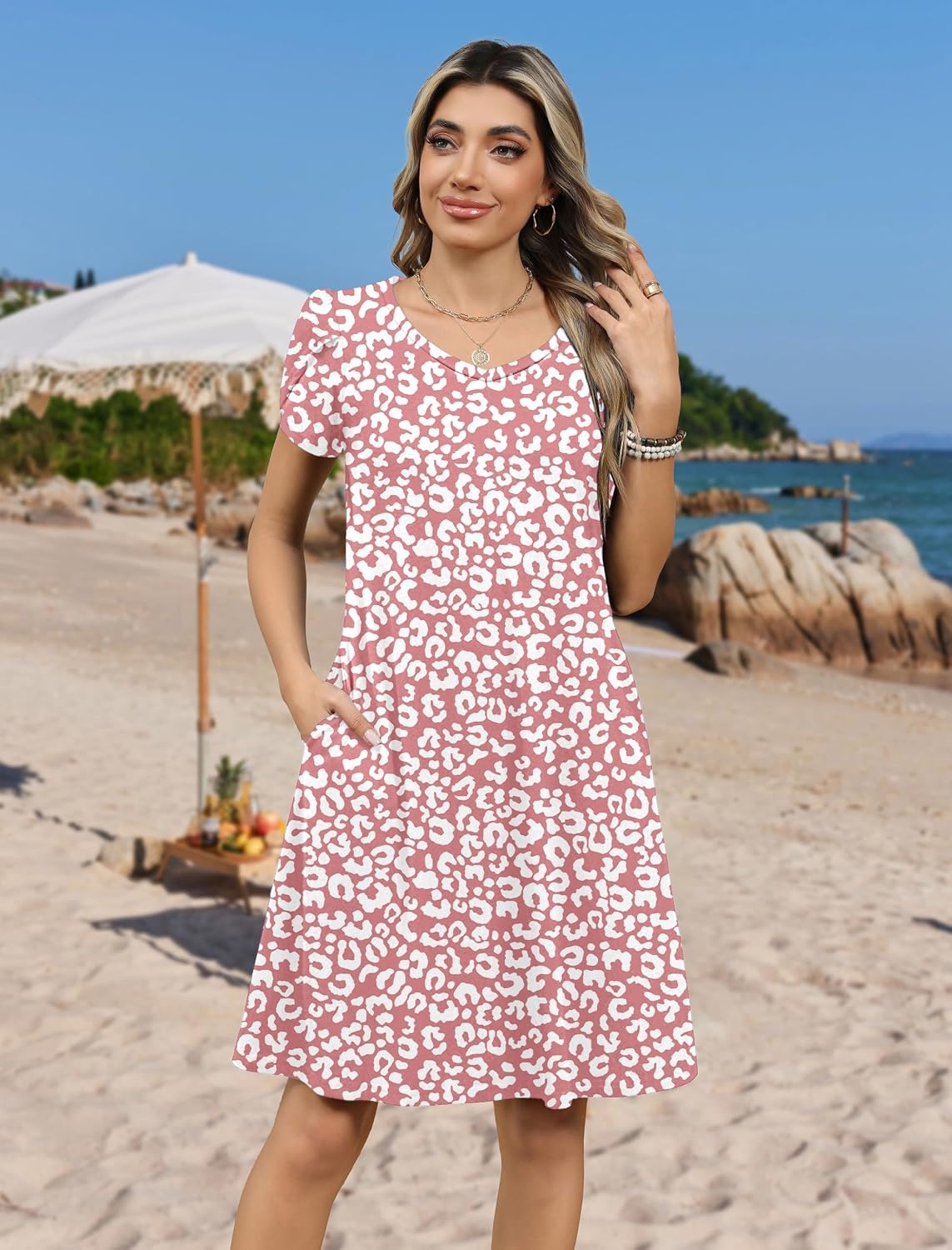 image:imageZeagoo Womens Summer ALine Dress with Pockets Mini Short Sleeve Dresses Flowy Beach Swing Dress 2026 Vacation TravelAn617