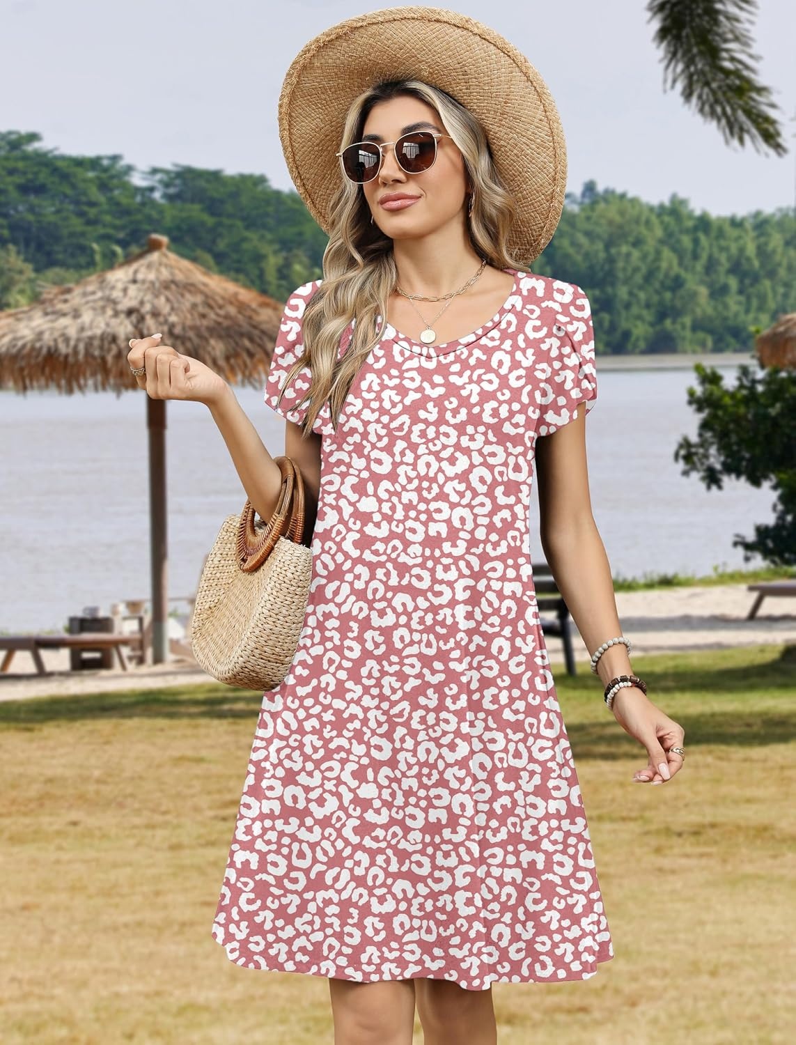 image:imageZeagoo Womens Summer ALine Dress with Pockets Mini Short Sleeve Dresses Flowy Beach Swing Dress 2026 Vacation TravelAn617