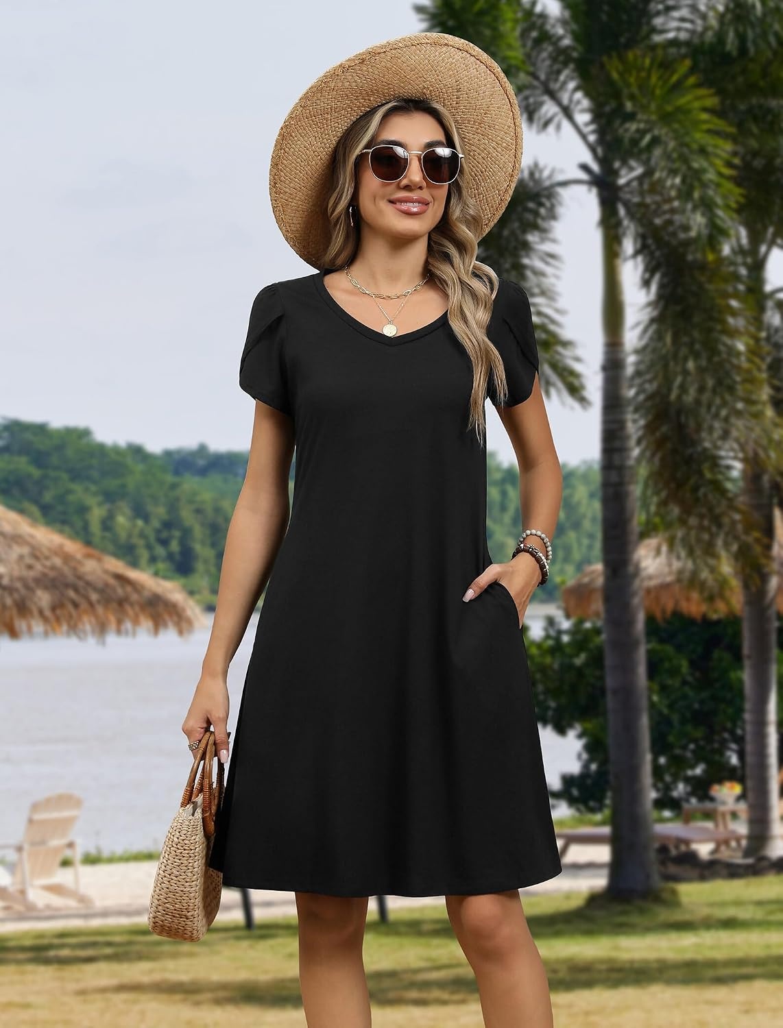 image:imageZeagoo Womens Summer ALine Dress with Pockets Mini Short Sleeve Dresses Flowy Beach Swing Dress 2026 Vacation TravelBlack
