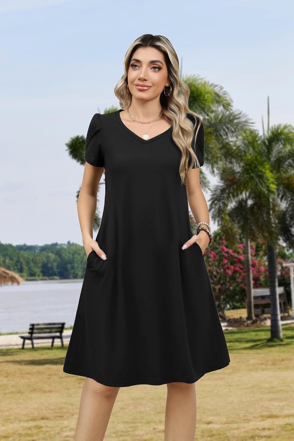 image:imageZeagoo Womens Summer ALine Dress with Pockets Mini Short Sleeve Dresses Flowy Beach Swing Dress 2026 Vacation TravelBlack
