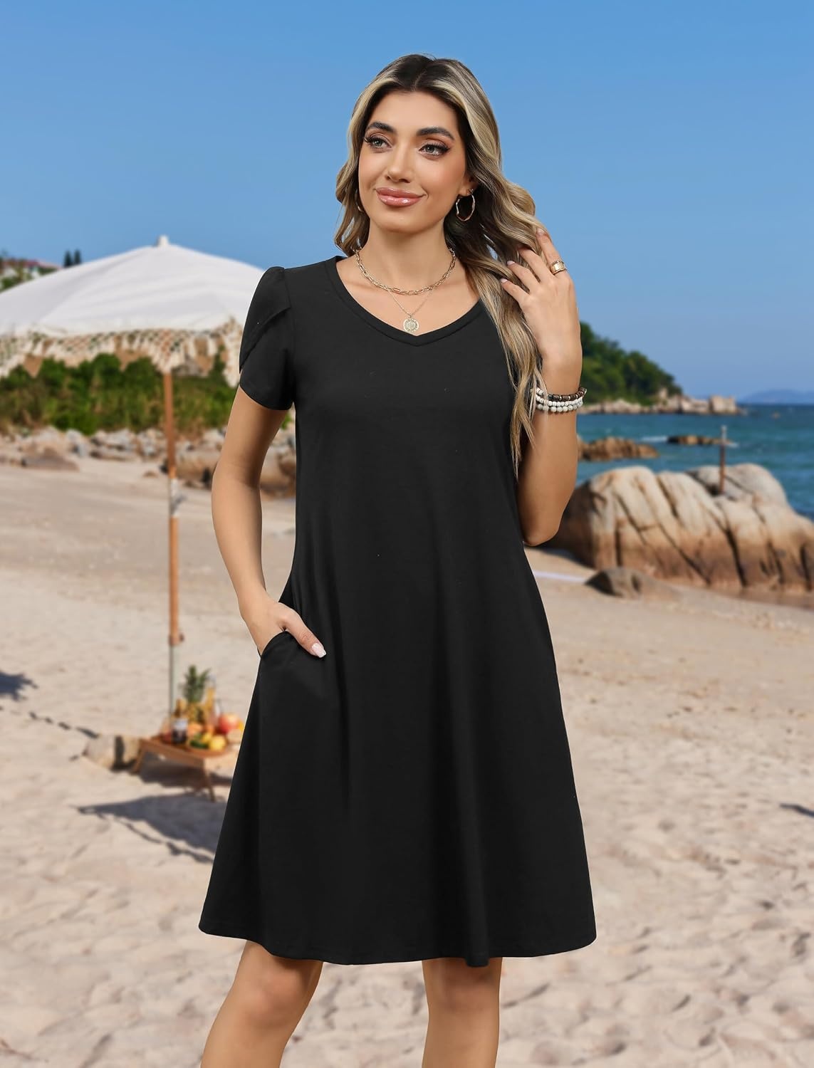 image:imageZeagoo Womens Summer ALine Dress with Pockets Mini Short Sleeve Dresses Flowy Beach Swing Dress 2026 Vacation TravelBlack