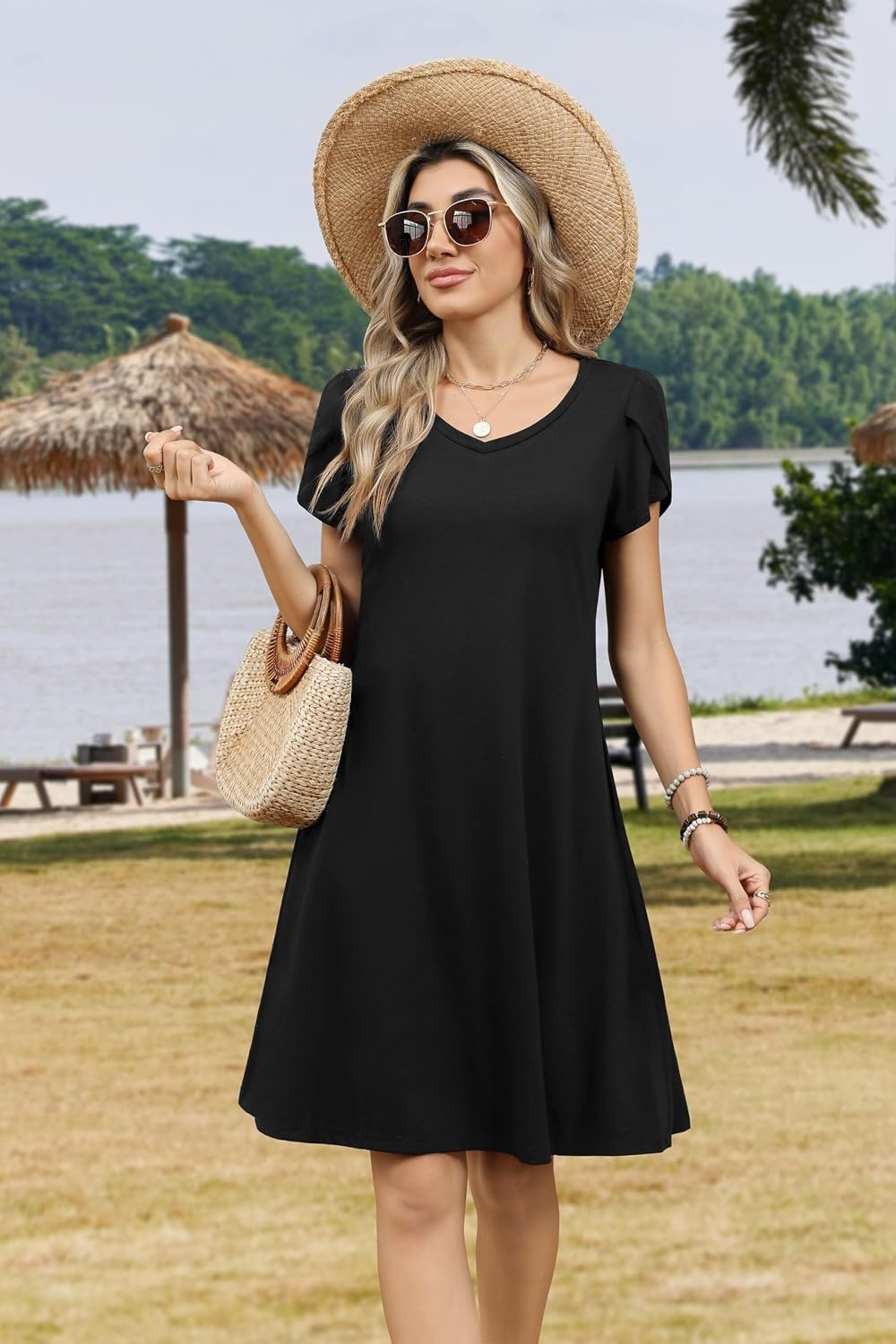 image:imageZeagoo Womens Summer ALine Dress with Pockets Mini Short Sleeve Dresses Flowy Beach Swing Dress 2026 Vacation TravelBlack