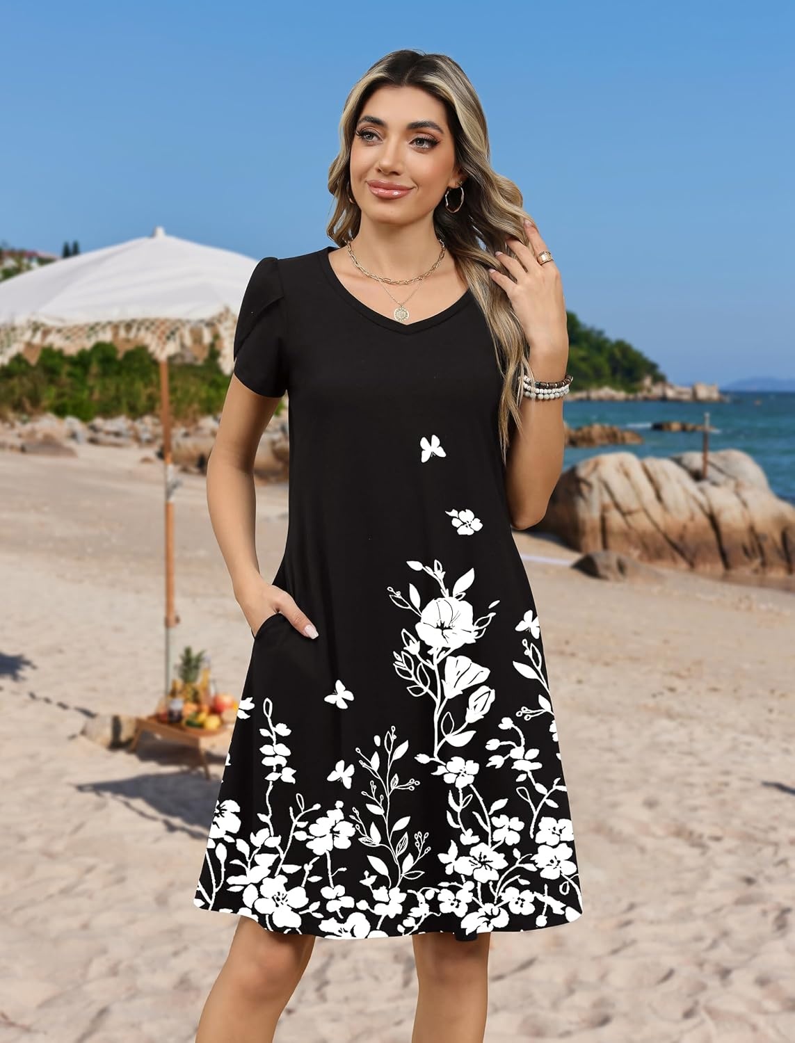 image:imageZeagoo Womens Summer ALine Dress with Pockets Mini Short Sleeve Dresses Flowy Beach Swing Dress 2026 Vacation TravelBlack Flowers