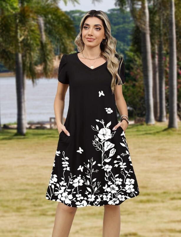 image:imageZeagoo Womens Summer ALine Dress with Pockets Mini Short Sleeve Dresses Flowy Beach Swing Dress 2026 Vacation TravelBlack Flowers