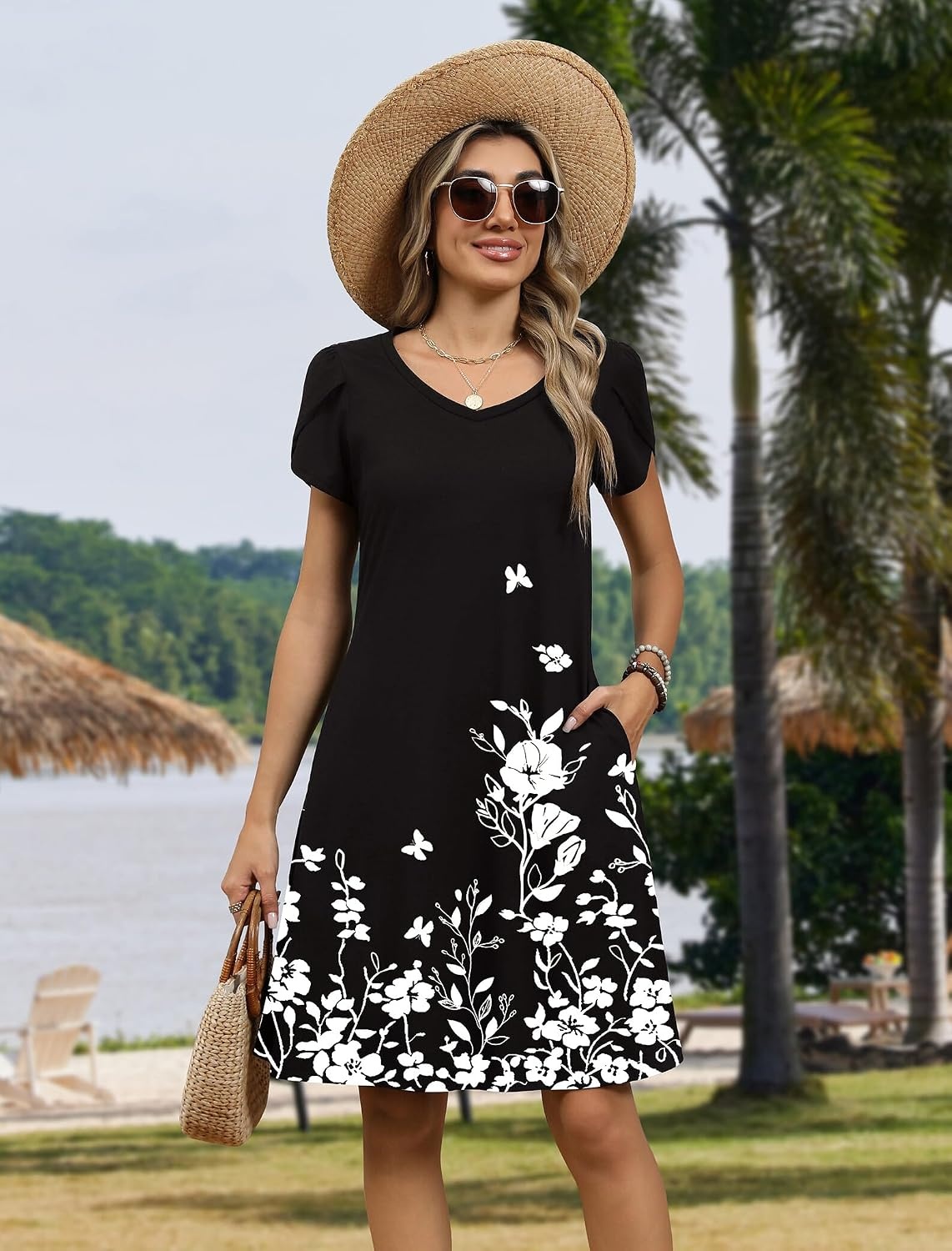 image:imageZeagoo Womens Summer ALine Dress with Pockets Mini Short Sleeve Dresses Flowy Beach Swing Dress 2026 Vacation TravelBlack Flowers