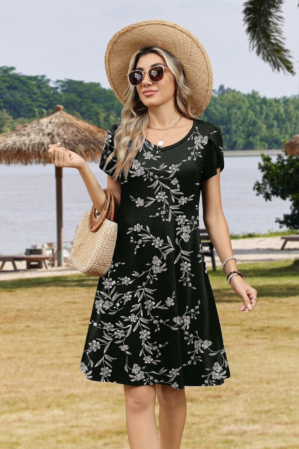 image:imageZeagoo Womens Summer ALine Dress with Pockets Mini Short Sleeve Dresses Flowy Beach Swing Dress 2026 Vacation TravelBlack Print