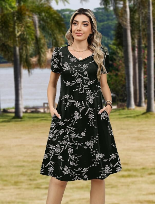 image:imageZeagoo Womens Summer ALine Dress with Pockets Mini Short Sleeve Dresses Flowy Beach Swing Dress 2026 Vacation TravelBlack Print