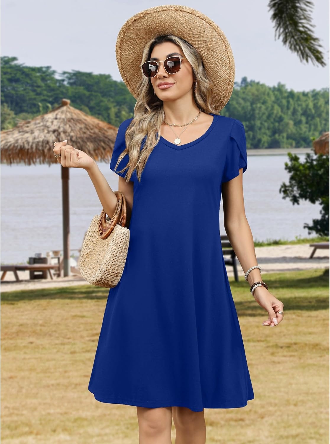 image:imageZeagoo Womens Summer ALine Dress with Pockets Mini Short Sleeve Dresses Flowy Beach Swing Dress 2026 Vacation TravelBlue