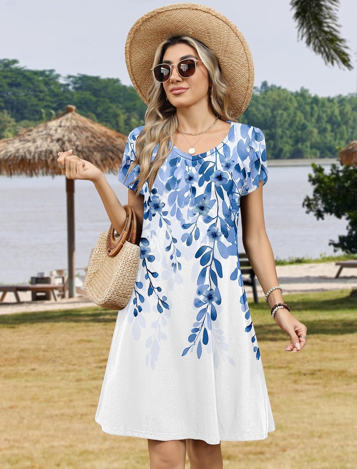 image:imageZeagoo Womens Summer ALine Dress with Pockets Mini Short Sleeve Dresses Flowy Beach Swing Dress 2026 Vacation TravelDw2