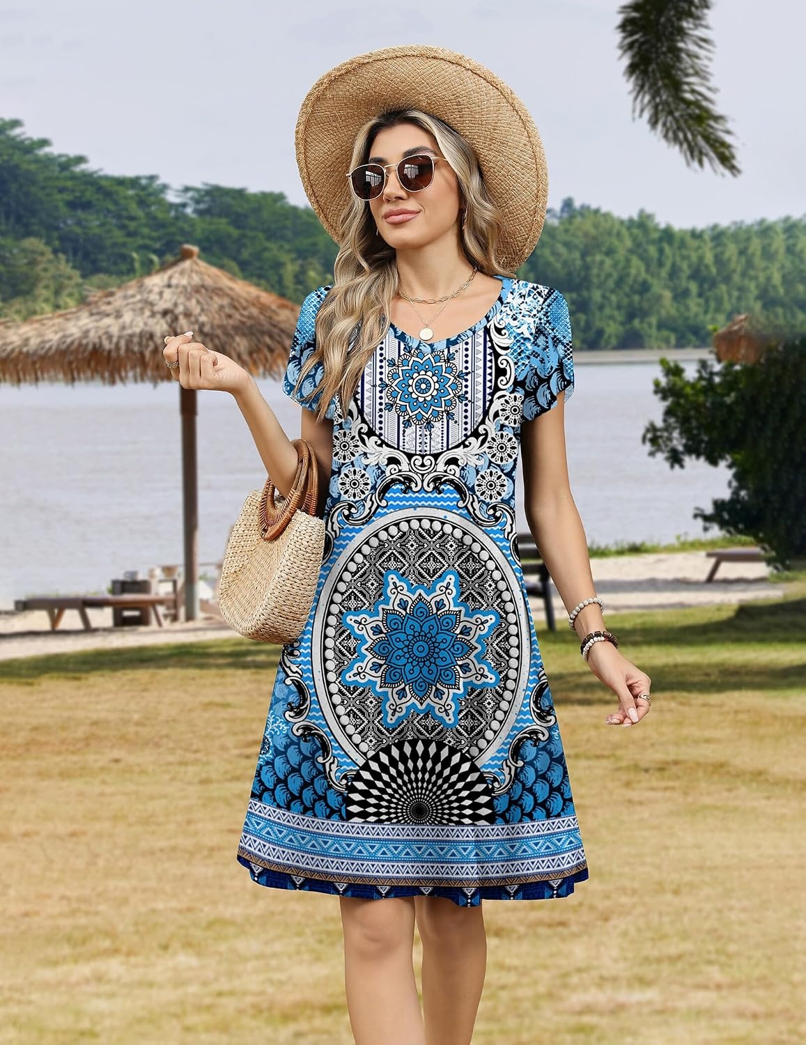 image:imageZeagoo Womens Summer ALine Dress with Pockets Mini Short Sleeve Dresses Flowy Beach Swing Dress 2026 Vacation TravelMz759