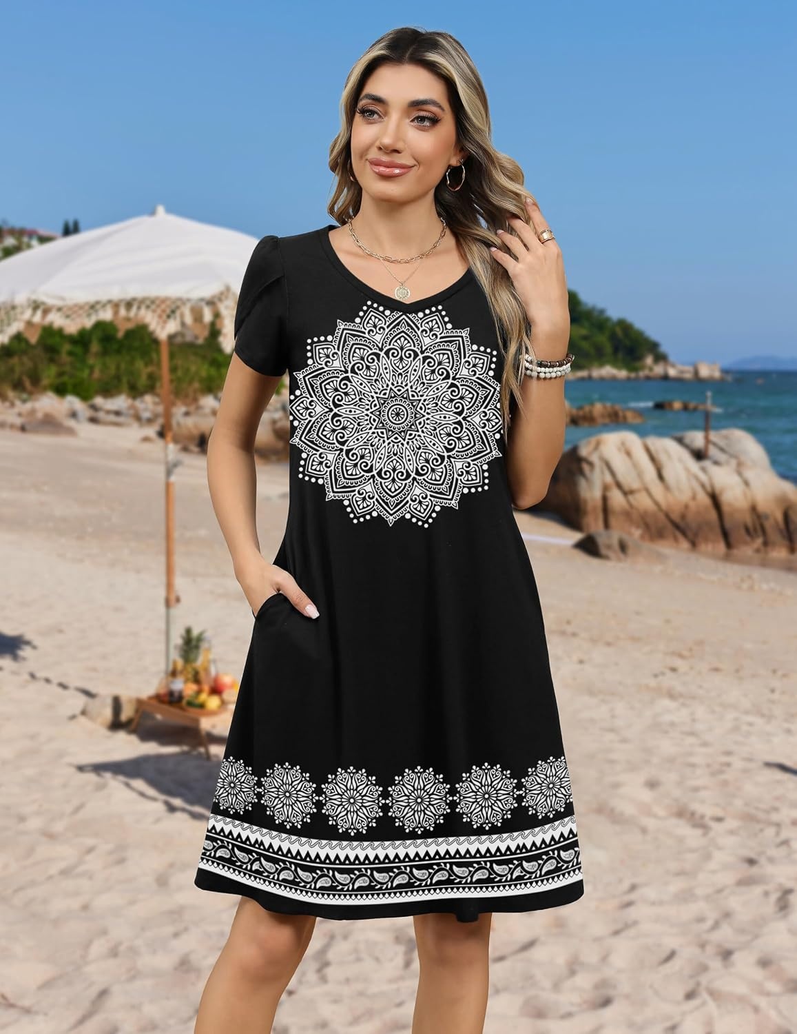 image:imageZeagoo Womens Summer ALine Dress with Pockets Mini Short Sleeve Dresses Flowy Beach Swing Dress 2026 Vacation TravelMz774