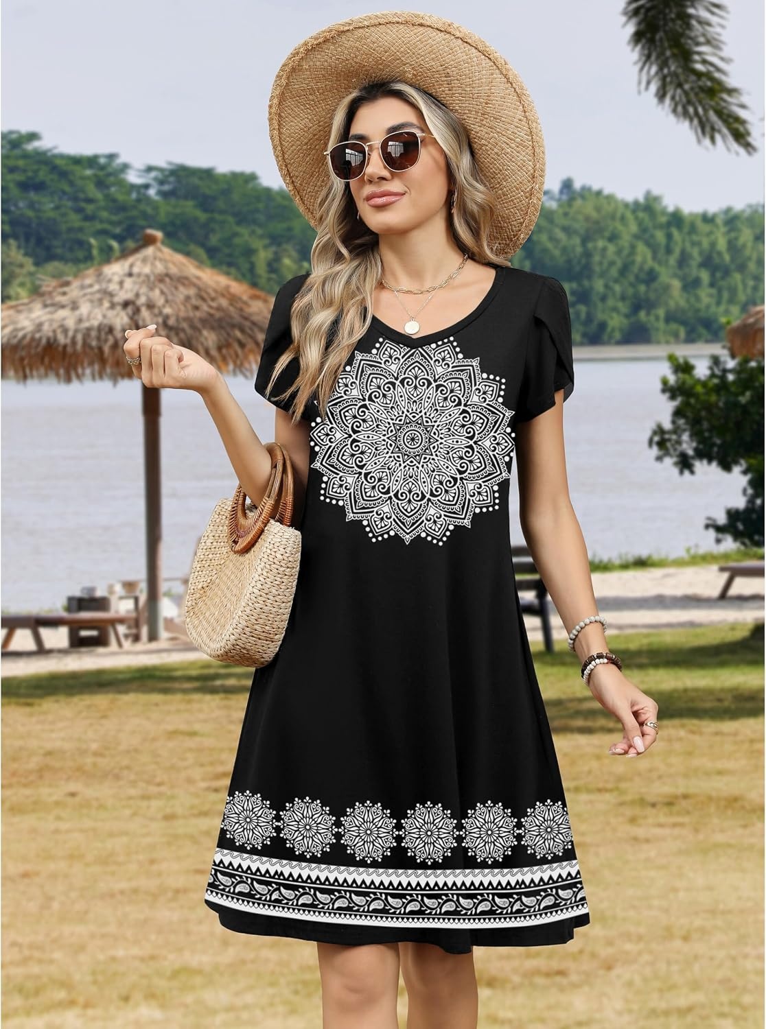 image:imageZeagoo Womens Summer ALine Dress with Pockets Mini Short Sleeve Dresses Flowy Beach Swing Dress 2026 Vacation TravelMz774